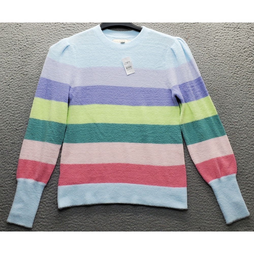 LOFT Sweater Womens M Multi Striped Fuzzy Knit Long Sleeve Crew Neck Pullover
